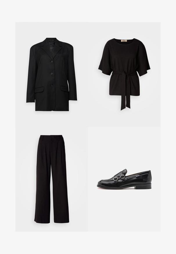 Blazer negro con solapa muesca, cierre de botón de un solo pecho, dos bolsillos frontales y un bolsillo en el pecho; fabricado con una tela suave y de forma estructurada.; Top corto negro de manga corta con cuello redondo, cintura ceñida y textura suave que presenta sutiles destellos metálicos en toda la tela.; Pantalones de pierna ancha negros, confeccionados en una tela suave, con pliegues en la parte frontal, una cinturilla ajustada y sin patrones o acentos visibles.; Mocasín de charol negro con acentos de doble hebilla plateada, punta ligeramente redondeada y tacón bajo apilado. Detalle de costura texturizada a lo largo de la parte superior.