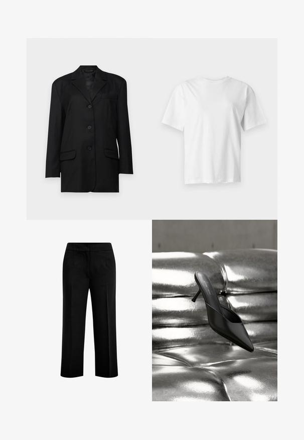 Sort blazer med spidse klapper, enkeltknaps lukning, to frontlommer og en brystlomme; lavet af glat stof med en struktureret form.; Hvid kortærmet rundhalset t-shirt vist fladt på en lys grå baggrund.; Sorte, brede bukser lavet af et glat stof med to forlommer og en flad talje. Skræddersyet design med en ren silhuet.; Sort mule med spids tå og slank hæl placeret på en skinnende, metallisk sølv polstret overflade.