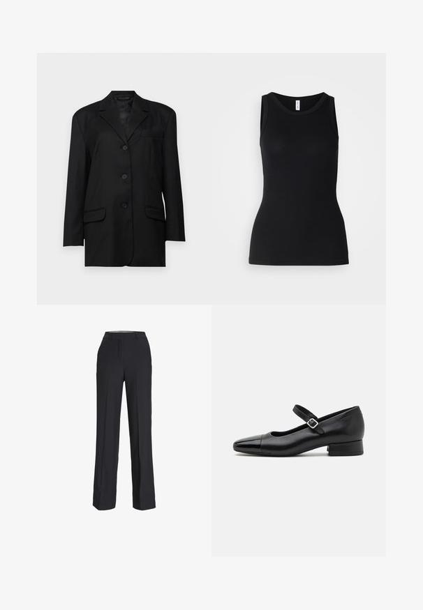 Blazer negro con solapa muesca, cierre de botón de un solo pecho, dos bolsillos frontales y un bolsillo en el pecho; fabricado con una tela suave y de forma estructurada.; Top sin mangas negro hecho de tela acanalada, con un escote redondo y un diseño ajustado, con una textura suave y sin patrones.; Pantalones negros de cintura alta con corte recto. Fabricados en una tela suave, con pliegues delanteros y bolsillos laterales.; Zapatos Mary Jane de cuero negro con puntera de charol, correa de tobillo ajustable y tacón bajo. Textura suave y diseño elegante.