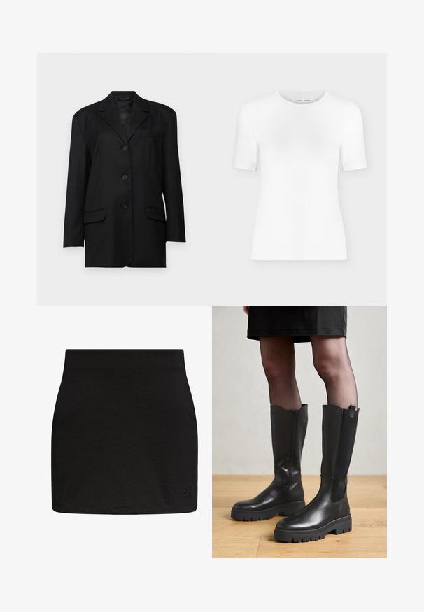 Sort blazer med spidse klapper, enkeltknaps lukning, to frontlommer og en brystlomme; lavet af glat stof med en struktureret form.; Hvid T-shirt med rund hals, korte ærmer, slank pasform og ribbet stofstruktur, vist på en ensfarvet lys grå baggrund.; Sort Calvin Klein mini-nederdel med lige snit og diskret CK-logo på nederste højre kant.; Sorte knæhøje støvler med en glat læderoverflade, elastiske sidedele og en kraftig gummisål med et struktureret mønster.
