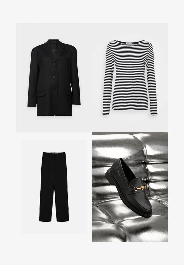 Schwarzer Blazer mit Reverskragen, einreihiger Knopfverschluss, zwei Fronttaschen und einer Brusttasche; aus glattem Stoff mit strukturierter Form.; Langärmliges T-Shirt mit Rundhalsausschnitt, das ein schwarz-weiß gestreiftes Muster aufweist. Aus weicherm Stoff und mit regulärer Passform gefertigt. Sauberes, minimalistisches Design.; Schwarze gerade geschnittene Hose mit Gürtelschlaufen, Frontreißverschluss und Seitentaschen, flach auf hellem Hintergrund ausgelegt.; Schwarze Leder-Loafer mit goldfarbener Hardware. Der Schuh zeichnet sich durch ein elegantes Design und eine glatte, glänzende Oberfläche aus.