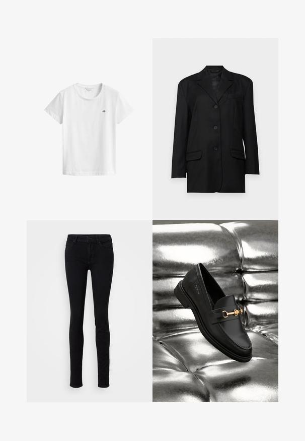 Blazer noir avec un col cranté, fermeture à un bouton sur le devant, deux poches avant et une poche poitrine ; fabriqué en tissu lisse avec une coupe structurée.; T-shirt blanc à manches courtes et col rond avec un petit logo foncé sur la poitrine gauche, présenté sur un fond blanc uni.; Jean skinny noir en denim, avec un design classique à cinq poches, fermeture à bouton à l'avant et légèrement extensible pour le confort.; Mocassin en cuir noir avec un détail en métal doré. La chaussure présente un design épuré et une texture lisse et brillante.