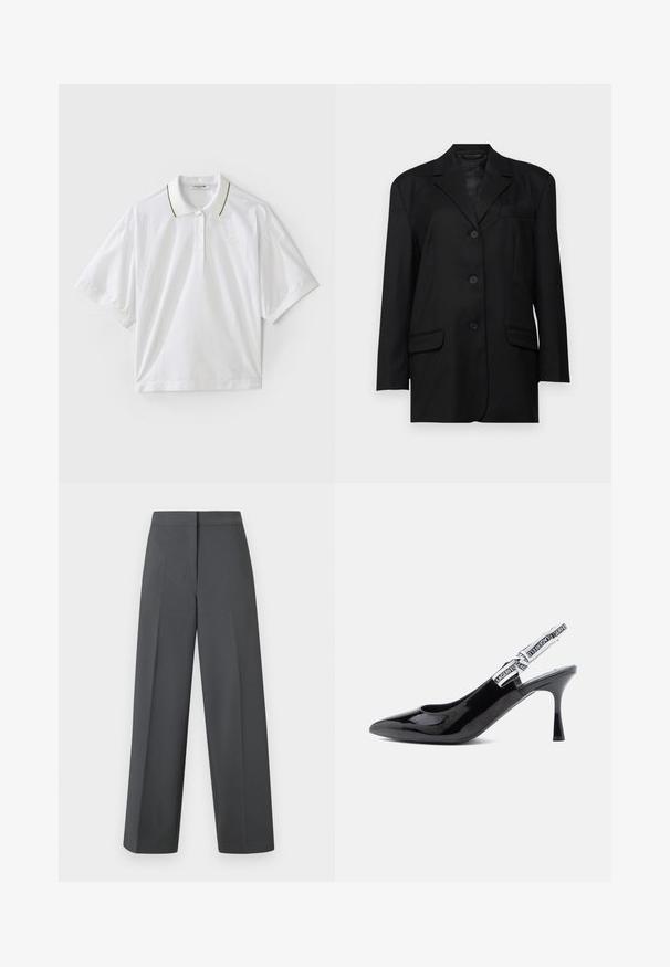 Blazer negro con solapa muesca, cierre de botón de un solo pecho, dos bolsillos frontales y un bolsillo en el pecho; fabricado con una tela suave y de forma estructurada.; Camisa polo blanca de manga corta, con un tapeta abotonada, acentos en el cuello en verde y amarillo, y detalles de malla en los laterales. Logo de LACOSTE presente.; Pantalones de pierna ancha en gris oscuro con una tela suave, cintura plana y detalles discretos de costuras, con un diseño pulido y a medida.; Zapato de tacón slingback de charol negro con punta afilada, tacón moderado y una correa que presenta una atrevida marca blanca a lo largo del borde.