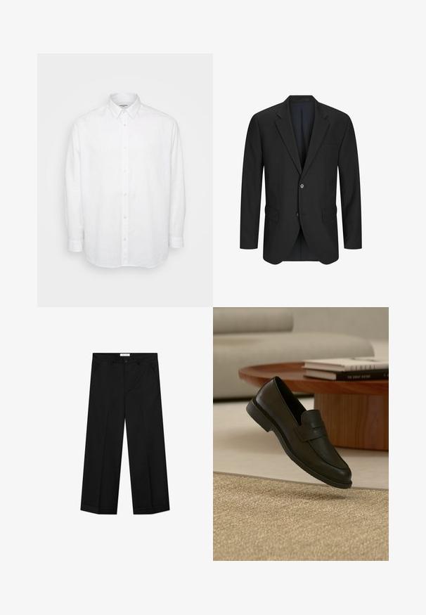 Blazer noir avec revers cranté, deux poches avant, fermeture à un bouton et un tissu lisse et texturé.; Chemise blanche à manches longues en lin léger, avec un col à bouton, des boutons sur le devant et une coupe décontractée avec des manches à poignet.; Pantalon noir à jambes larges en tissu lisse, doté de poches avant, d'une fermeture par bouton et d'un pli marqué sur chaque jambe.; Chaussure mocassin en cuir noir présentée en suspension au-dessus d'un tapis beige tissé, avec une table en bois et des livres empilés dans un salon doucement éclairé.