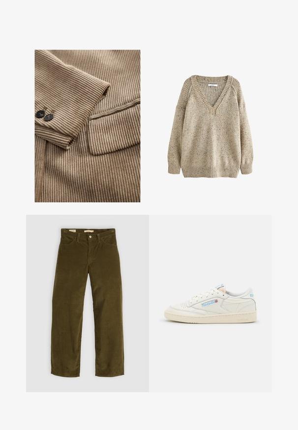 Beige geripptes Gewebe mit schmaler Kordoptik, zwei schwarzen Knöpfen und einer ordentlich genähten Tasche auf der linken Seite.; Beige gesprenkelter Strickpullover mit V-Ausschnitt, gerippten Bündchen und Saum. Weiche Textur mit lässiger Passform und Raglanärmeln.; Olivgrüne Cordhosen mit geradem Bein, die über Fronttaschen und einen Knopfverschluss verfügen und eine vertikale Rippstruktur aufweisen.; Reebok-Sneaker aus beige Leder mit hellblauen Akzenten. Verfügt über eine perforierte Zehe, flache Schnürsenkel und eine strukturierte Gummisohle.