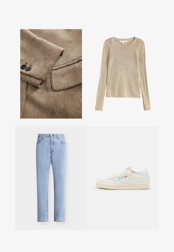 Beige ribbet stof med en smal kordfløjlsstruktur, to sorte knapper og en pæn syet lomme på venstre side.; Beige ribstrikket langærmet sweater med rund halsudskæring og slim fit, vist fladt med synligt mærke ved kraven.; Lyseblå jeans med højt liv og lige ben, foran med knaplukning, bæltestropper og klassisk fem-lomme design.; Reebok sneakers i off-white læder med lyseblå detaljer. Har perforeret tå, flade snørebånd og tekstureret gummisål.