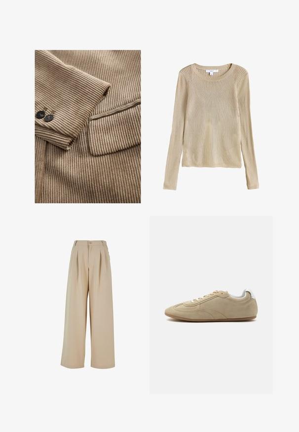 Tela beige acanalada con textura estrecha de pana, dos botones negros y un bolsillo cuidadosamente cosido en el lado izquierdo.; Jersey beige de punto con canalé, manga larga, cuello redondo y corte ajustado, mostrado plano con etiqueta visible en el cuello.; Pantalones de pierna ancha beige con pliegues en la parte delantera, cierre de botón y una textura suave. Presenta una cinturilla entallada y bolsillos laterales.; Zapatilla casual de ante beige con cordones blancos, cuello acolchado blanco en el talón y suela de goma marrón claro, mostrada de perfil.