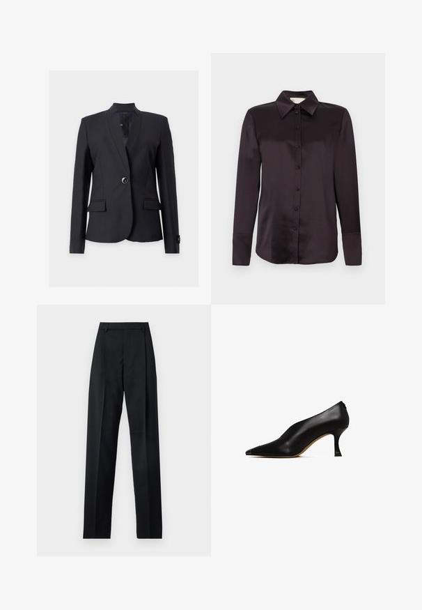 Zwarte getailleerde blazer met lange mouwen, sluiting met één knoop, een notchkraag en twee voorzakken met klep, afgebeeld tegen een effen achtergrond.; Zwart satijnen overhemd met lange mouwen, een klassieke kraag, knopen aan de voorkant en manchetten; gladde textuur met een lichte glans.; Zwarte broek gemaakt van gladde stof met een hoge taille, wijde benen, voorplooien en klassieke ceintuurlussen. Geen zijzakken zichtbaar.; Zwarte leren hoge hak schoen met een spitse neus en een slanke, gebogen hak. Kenmerkt zich door een gladde textuur en een minimalistisch ontwerp.