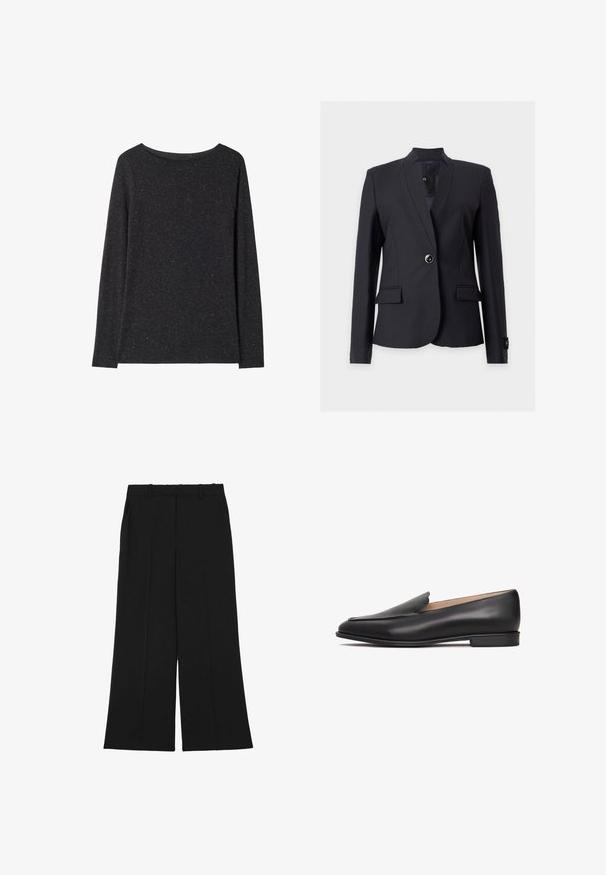 Zwarte getailleerde blazer met lange mouwen, sluiting met één knoop, een notchkraag en twee voorzakken met klep, afgebeeld tegen een effen achtergrond.; Donkergrijze trui met lange mouwen en ronde hals met een licht gemêleerde textuur, plat getoond op een witte achtergrond.; Zwarte wijde broek gemaakt van een gladde stof. Voorzien van een hoge taille, dubbele voorplooien en riemlussen. Geen zichtbare zakken of versieringen.; Zwarte leren instapschoen met een slank ontwerp, afgeronde neus en subtiele textuur. Gladde afwerking, minimale accenten en platte zool.