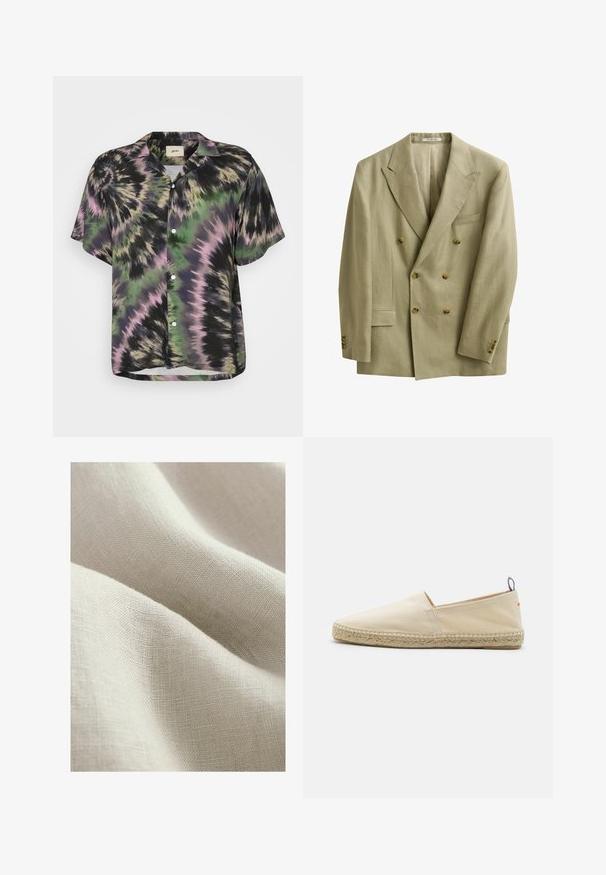 Beige dubbelgeknoopte blazer met piekkragen, zes bruine knopen, drie manchetknoopjes en twee voorzakken, afgebeeld tegen een witte achtergrond.; Korte mouwen knoopshirt in zwart, groen en roze tie-dye patroon. Heeft een ontspannen pasvorm en een klassieke kraag. Lichtgewicht stof.; Lichtbeige linnen stof met een gestructureerd oppervlak, vertonend zachte, vloeiende draperieën en een fijn weefpatroon.; Beige canvas espadrille met een ronde neus, gevlochten jute zool en een kleine rode en blauwe accent op de hiel. Lichtgewicht zonder sluiting.