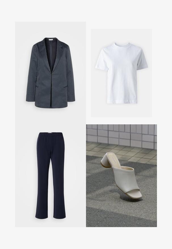 87Origins STRIPED JACKET - Krátky kabát - navy; Biely bavlnený tričko s okrúhlym výstrihom, krátkymi rukávmi, rovný strih a hladkou textúrou. Bez vzorov alebo ozdôb.; Tmavomodré nohavice rovného strihu z elastickej látky s elastickým pásom a dvoma prednými vreckami. Hladká textúra, bez viditeľných vzorov.; Jeden biely otvorený mule s hrubým podpätkom na dláždenej zemi blízko obkladanej steny, naklonený tak, aby sa ukázal bočný a horný pohľad.