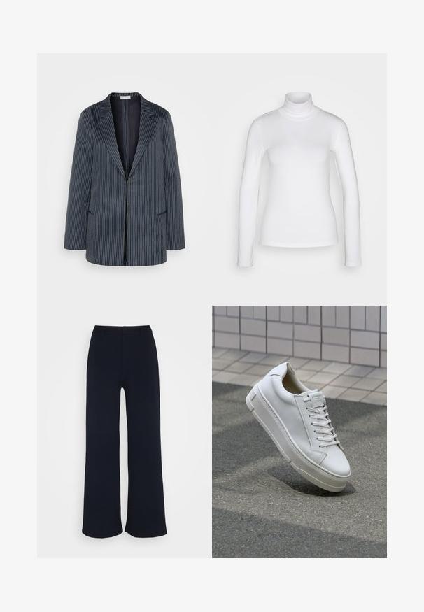 87Origins STRIPED JACKET - Halflange jas - navy; Witte langemouwen turtle neck shirt van een soepel, rekbaar stof. Heeft een strakke pasvorm en een hoge kraag. Geen zichtbare patronen of accenten.; Marineblauwe wijde broek gemaakt van zachte stof, met een platte tailleband en zonder zichtbare zakken, met een gladde, ongezande afwerking.; Witte leren sneaker met een low-top ontwerp, platte veters, ronde neus en textuur zijden. Dikke rubberen zool met subtiele accenten.