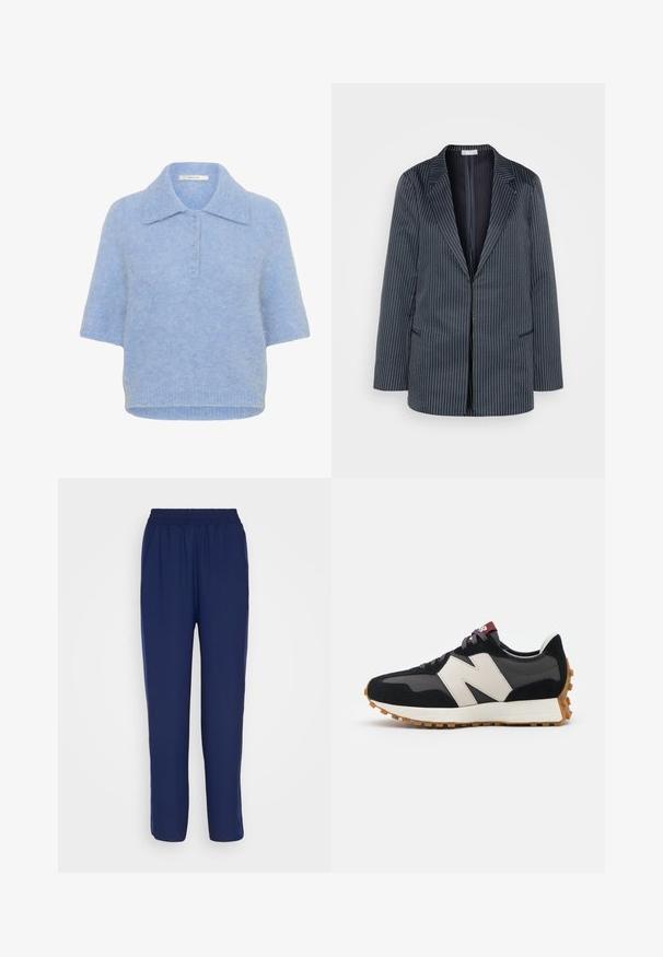 87Origins STRIPED JACKET - Lühike jakk - navy; Hele sinine lühikeste varrukatega kootud top, millel on krae ja viie nupuga vooder. Pehme tekstuur ja kerge kastiline sobivus, soonikkoes ääris.; Tumed sinise elastse vööga püksid, otse jalgade disainiga, valmistatud siledast kangast. Ei ole jumalikku mustrit ega metallosi.; Mustmust ja halli nubukist tennisajal on suur kreemjas "N" logo, lilla paelad ja tekstureeritud kummist välispohja.