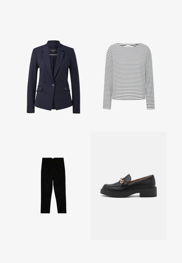 Marineblazer met lange mouwen, licht gestructureerde stof, sluiting met één knoop en twee voorkanten zakken, met een klassieke notch lapel ontwerp.; Langsleeve top met een bootnek, gemaakt van zachte stof met marineblauwe en witte horizontale strepen. Rechte snit en minimale details.; Zwarte op maat gemaakte broek tot aan de enkel met zijzakken en een licht taps toelopende pijp, plat liggend op een witte achtergrond.; Zwarte leren loafer met een chunky plateauzool, voorzien van een goudkleurige kettingaccent en zichtbare stikdetails. Gladde textuur en strak design.