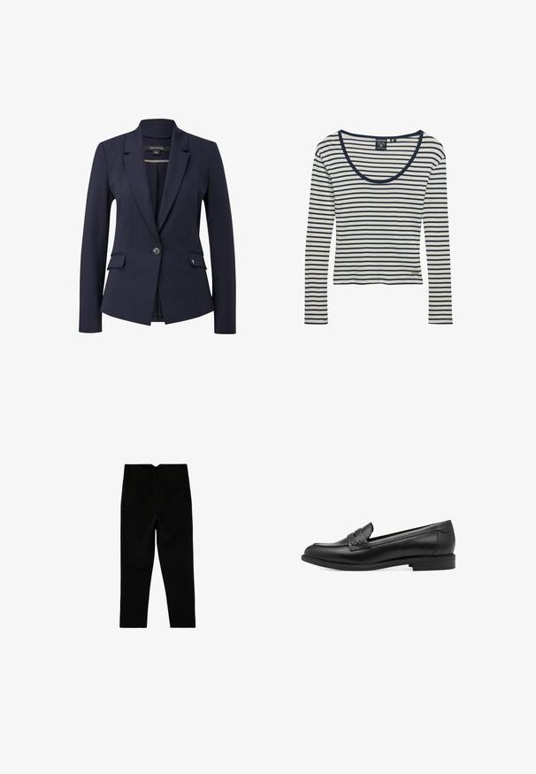 Marineblazer met lange mouwen, licht gestructureerde stof, sluiting met één knoop en twee voorkanten zakken, met een klassieke notch lapel ontwerp.; Wit shirt met lange mouwen met marineblauwe horizontale strepen en een ronde hals, met het label Superdry bij de zoom en binnen de kraag.; Zwarte op maat gemaakte broek tot aan de enkel met zijzakken en een licht taps toelopende pijp, plat liggend op een witte achtergrond.; Zwarte leren instapper met een gladde textuur, voorzien van een gevlochten accent over de bovenkant en een lage, ronde hak. Eenvoudig ontwerp en vorm.