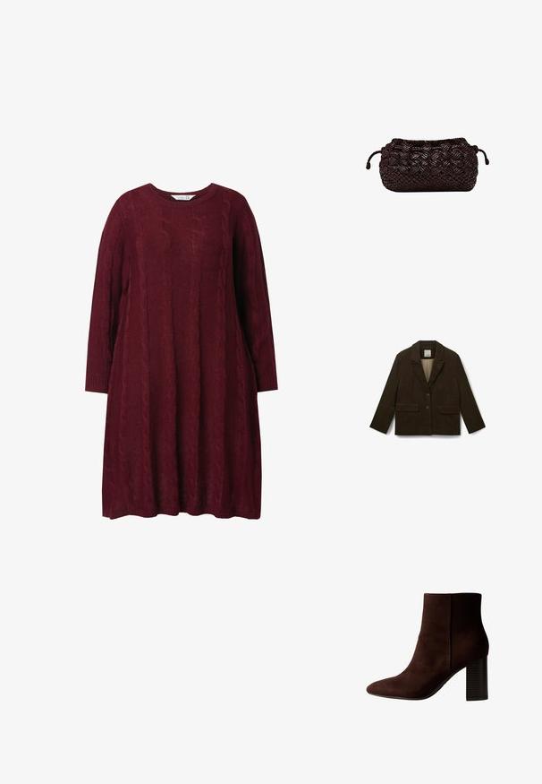 Bruine corduroy blazer met een geknipt revers, enkele knoopsluiting en twee voorzakken. Gladde binnenvoering in een lichtere tint.; Bordeaux gebreide jurk met een ronde hals, lange mouwen en kabelbrei patroon. Losse fit, met ribgebreide manchetten en zoom.; Bruine suède enkellaars met een spitse neus en een geribde blokhak. Strak ontwerp, gladde textuur en een getailleerd silhouet.; Donkerbruine gevlochten clutch met gevlochten structuur en koordsluiting aan beide zijden tegen een witte achtergrond.
