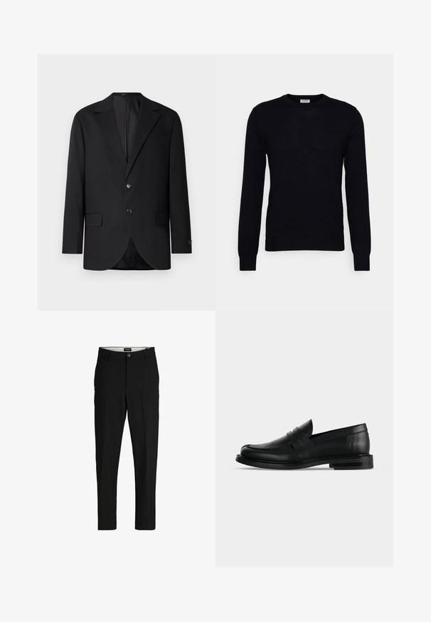 Blazer negro con solapa de muesca, cierre de doble botón, dos bolsillos frontales y un bolsillo en el pecho. Tela suave y corte entallado.; Suéter negro de manga larga hecho de un suave material de punto. Escote redondo, puños y dobladillo acanalados. Diseño minimalista sin patrones ni botones visibles.; Pantalones negros de tela suave, con un diseño ajustado, piernas rectas, dos bolsillos frontales y cierre de un solo botón.; Mocasín penny negro de cuero para hombre con tacón bajo y apilado y puntera redondeada, mostrado de lado sobre un fondo gris claro.