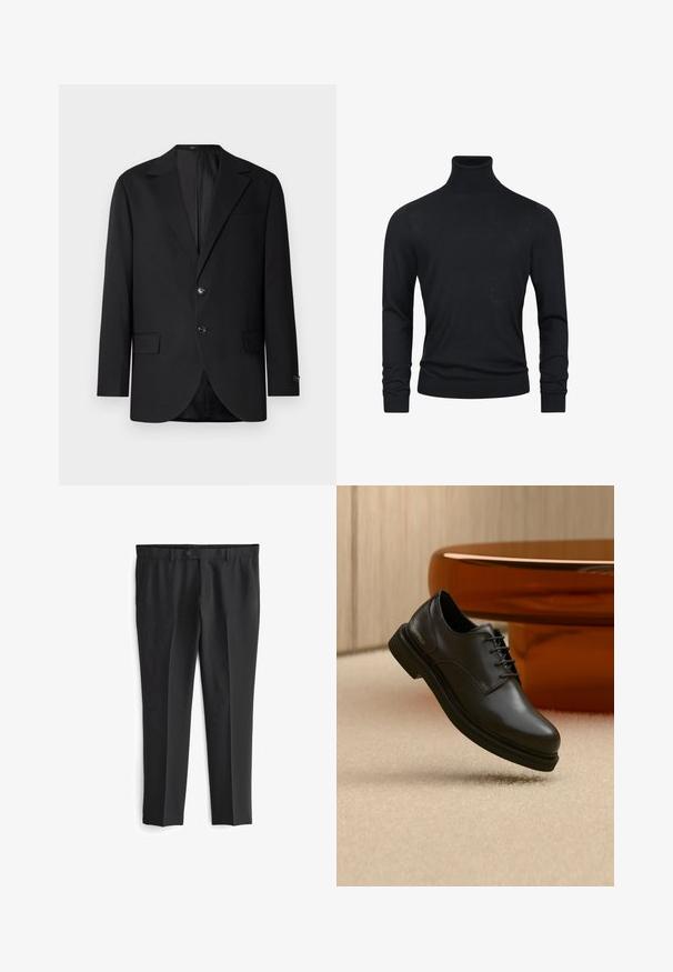 Blazer noir avec un col cranté, fermeture à deux boutons, deux poches avant et une poche poitrine. Tissu lisse et coupe ajustée.; Pull en col roulé noir à manches longues, fabriqué dans un tissu en tricot lisse, avec des poignets et un ourlet côtelés pour un aspect ajusté.; Pantalons noirs ajustés avec un devant plat, deux poches latérales et une fermeture à bouton. Texture lisse et design à jambe droite.; Chaussure en cuir noire à lacets flottant au-dessus d'un tapis beige avec un objet brun brillant et arrondi en arrière-plan.