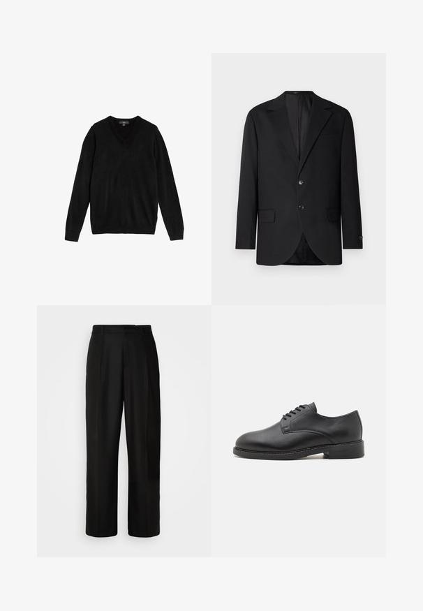 Blazer negro con solapa de muesca, cierre de doble botón, dos bolsillos frontales y un bolsillo en el pecho. Tela suave y corte entallado.; Suéter negro con cuello en V hecho de tejido suave y de punto. Mangas largas, puños y bajo acanalados, diseño sencillo sin patrones ni detalles.; Pantalones negros con corte recto, textura suave, pliegues frontales y cintura estándar. Diseño minimalista sin patrones adicionales.; Zapato oxford de cuero negro con punta redonda, que presenta un acabado suave, cierre de cordones con cinco ojales y un tacón bajo apilado.