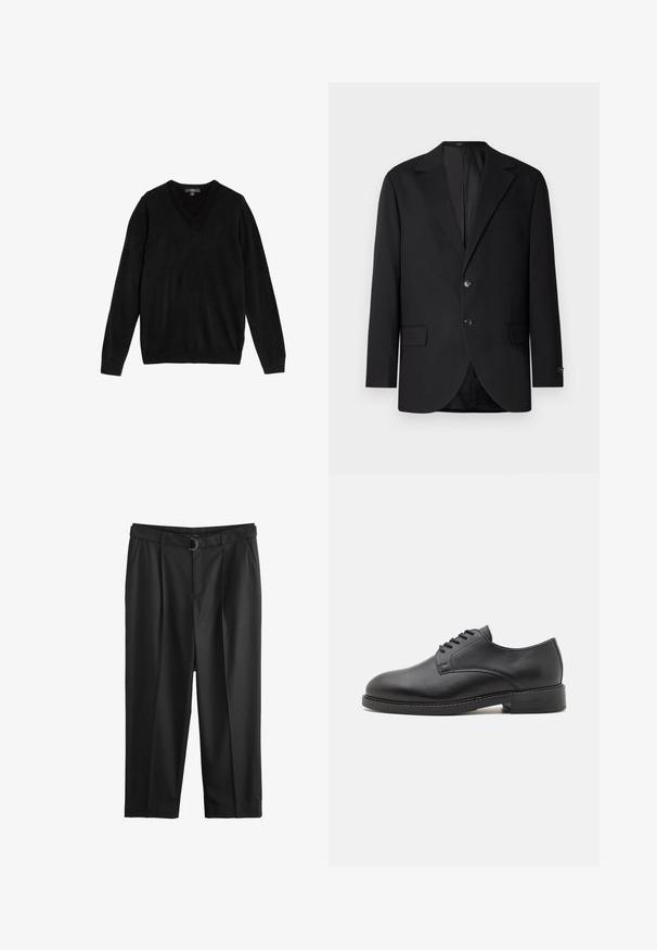Blazer negro con solapa de muesca, cierre de doble botón, dos bolsillos frontales y un bolsillo en el pecho. Tela suave y corte entallado.; Suéter negro con cuello en V hecho de tejido suave y de punto. Mangas largas, puños y bajo acanalados, diseño sencillo sin patrones ni detalles.; Pantalones de vestir negros de cintura alta con pinzas delanteras, bolsillos laterales y un cinturón a juego con hebilla en forma de D.; Zapato oxford de cuero negro con punta redonda, que presenta un acabado suave, cierre de cordones con cinco ojales y un tacón bajo apilado.