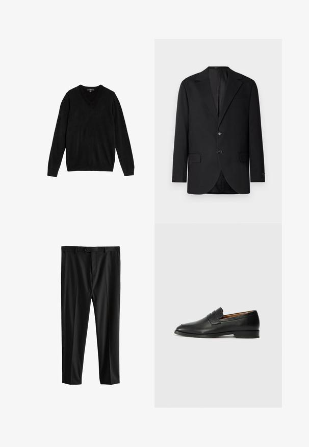 Schwarzer Blazer mit Reverskragen, Doppelknopfverschluss, zwei vorderen Taschen und einer Brusttasche. Glattes Material und taillierte Passform.; Schwarzer V-Ausschnitt-Pullover aus weichem, gestricktem Stoff. Lange Ärmel, gerippte Bündchen und Saum, schlichtes Design ohne Muster oder Akzente.; Schwarze, maßgeschneiderte Anzughose mit Gürtelschlaufen, Frontknopfverschluss und Seitentaschen, flach auf weißem Hintergrund dargestellt.; Schwarze Leder-Slipper mit runder Zehenform, dezenten gestickten Details und niedrigem Absatz, ausgestattet mit glatter Textur und minimalistischem Design.