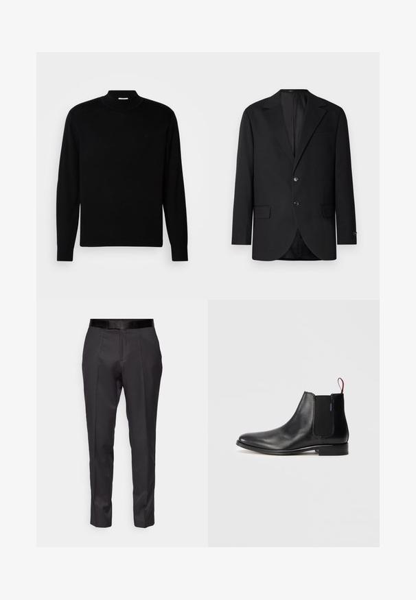 Sort blazer med en notch lapel, dobbel knaplukning, to frontlommer og en enkelt brystlomme. Glat stof og skræddersyet pasform.; Sort langærmet sweater med høj hals, lavet af let strikket materiale. Har et diskret logo på brystet og tætsiddende manchetter.; Sorte skræddersyede bukser med slim fit, flad front og diskret glans. Har en glat sort talje og kantdetaljer langs benene.; Sort læder Chelsea-boot med elastisk sidelapel og en rød trækstrop bagpå, vist på en neutral hvid baggrund.