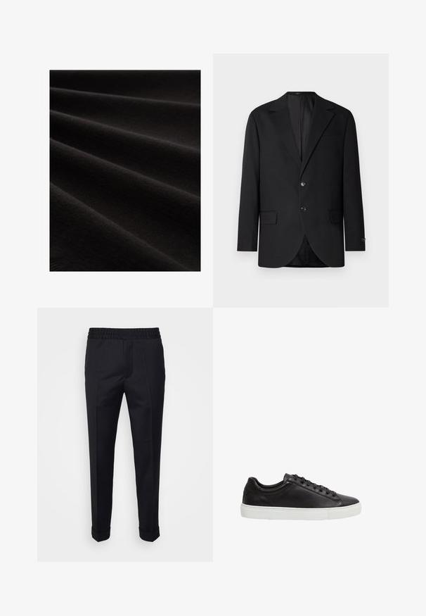 Blazer negro con solapa de muesca, cierre de doble botón, dos bolsillos frontales y un bolsillo en el pecho. Tela suave y corte entallado.; Tela negra con una textura suave, mostrada en pliegues, que exhibe un brillo sutil y un patrón de punto fino, resaltando su apariencia suave.; Pantalones negros de tela ligera, con una cintura elástica, bolsillos laterales y puños enrollados. Textura suave con pliegues en la parte delantera.; Zapatilla deportiva negra de cuero de corte bajo con cordones negros y suela de goma blanca, mostrada de lado sobre un fondo blanco.