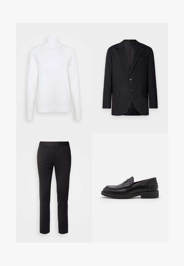 Blazer noir avec un col cranté, fermeture à deux boutons, deux poches avant et une poche poitrine. Tissu lisse et coupe ajustée.; Pull à col roulé blanc avec des manches longues, fabriqué en tissu lisse. Présente un design ajusté et des poignets et un ourlet côtelés. Pas de motifs ni d'accents.; Pantalons noirs en tissu lisse, avec une coupe droite, fermeture à bouton à l'avant et passants de ceinture, présentés sur un fond blanc.; Mocassins en cuir noir avec un bout arrondi, des coutures ton sur ton et un détail de sangle à l'avant. Semelle en caoutchouc avec un petit talon.
