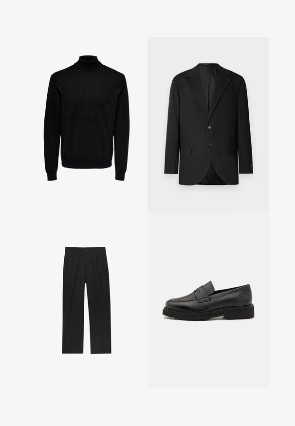 Blazer noir avec un col cranté, fermeture à deux boutons, deux poches avant et une poche poitrine. Tissu lisse et coupe ajustée.; Pull à col roulé noir, fabriqué en tissu doux, avec des manches longues, des poignet et ourlet côtelés, un col ajusté et une texture lisse.; Pantalons noirs au design droit, fabriqués à partir d'un tissu lisse. Dotés de plis sur le devant et d'une fermeture à un bouton à la taille.; Mocassin en cuir noir avec un bout rond, des détails cousus, et une semelle épaisse et texturée. Présente un design élégant et minimaliste.