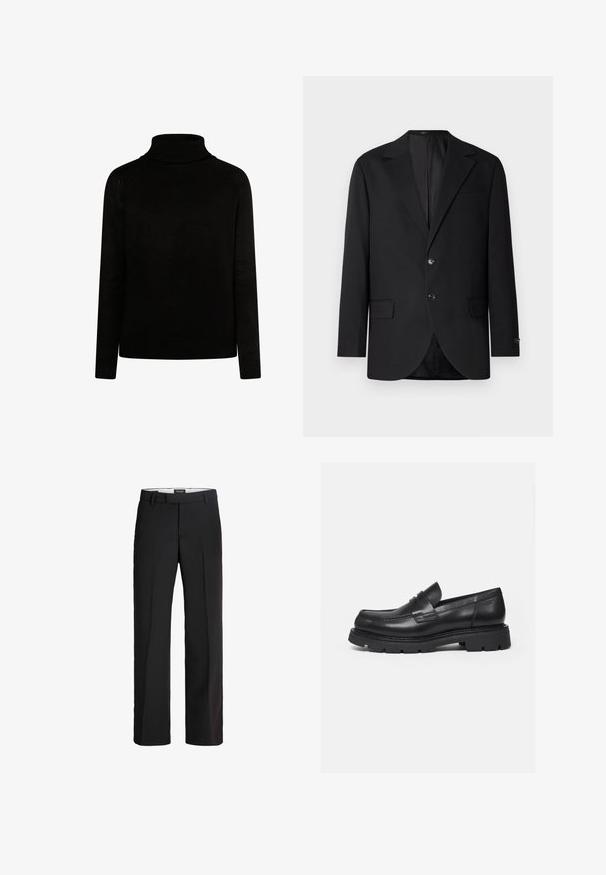 Sort blazer med en notch lapel, dobbel knaplukning, to frontlommer og en enkelt brystlomme. Glat stof og skræddersyet pasform.; Sort rullekravesweater i ribbet tekstur, med lange ærmer og en tætsiddende silhuet. Har strikdetaljer ved kraven og manchetterne.; Sorte bukser med skræddersyet pasform; har en glat front, to sidelommer og en glat tekstur; lavet af et let, åndbart materiale.; Sort læderloafer med tyk rillede sål og penny-remdetalje, vist i højre sideprofil på hvid baggrund.