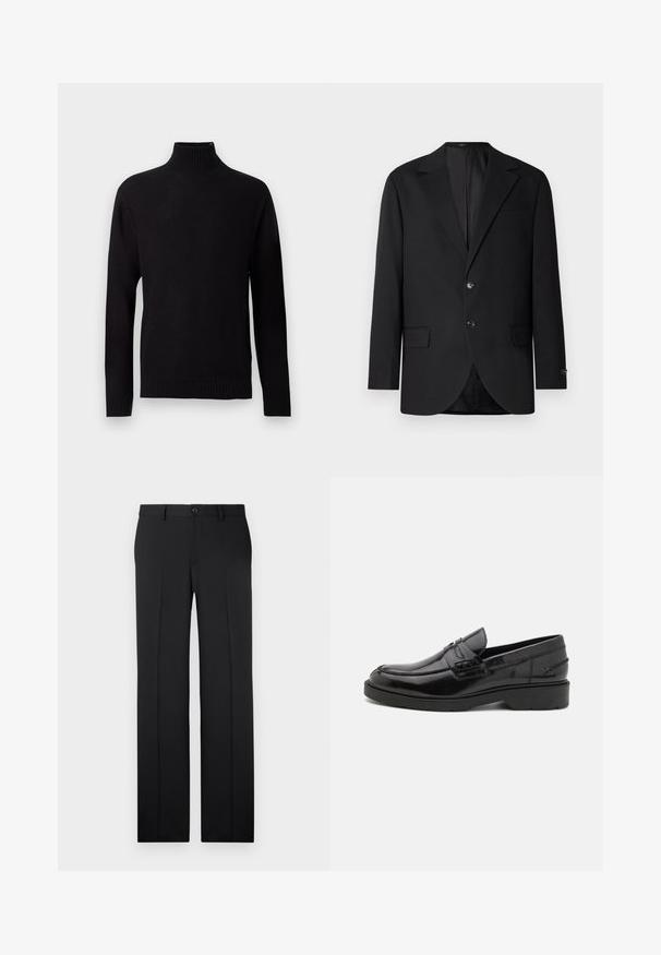Blazer negro con solapa de muesca, cierre de doble botón, dos bolsillos frontales y un bolsillo en el pecho. Tela suave y corte entallado.; Jersey negro de cuello alto de punto con mangas largas, puños, bajo y cuello de canalé, mostrado sobre un fondo gris claro.; Pantalones negros a medida con corte recto, tejido suave, pliegues frontales y un cierre de botón en la cintura.; Mocasines de cuero negro con un acabado suave, punta redondeada, tacón bajo y costura decorativa en la parte delantera. Suela de goma para mayor agarre.