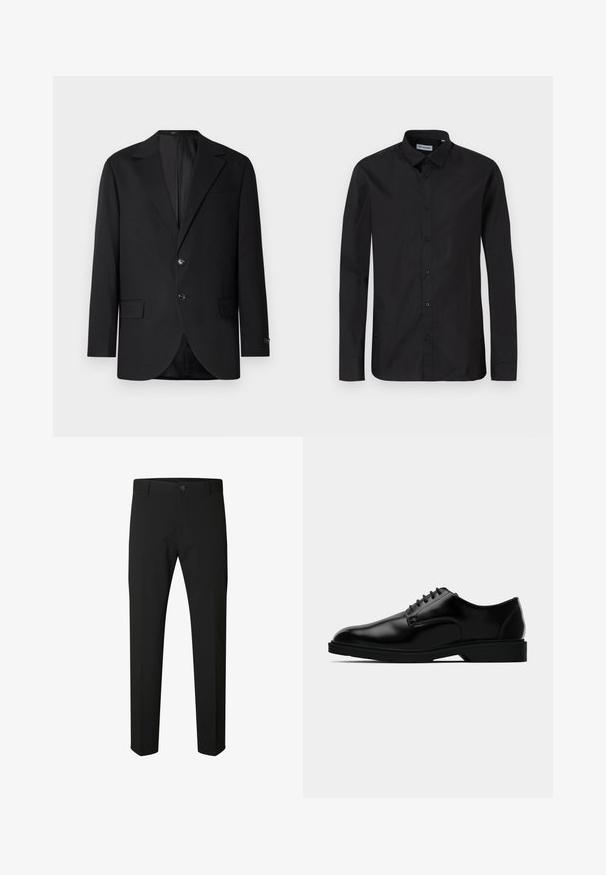 Blazer negro con solapa de muesca, cierre de doble botón, dos bolsillos frontales y un bolsillo en el pecho. Tela suave y corte entallado.; Camisa de botón negra de manga larga con collar clásico, hecha de una tela suave, con botones frontales y un diseño de corte regular.; Pantalones negros de corte ajustado con cierre de botón y cremallera, trabillas para cinturón y piernas rectas sobre fondo blanco.; Zapato de vestir de cuero negro con un acabado liso, puntera redondeada, diseño de cordones y suela de goma discreta para mayor tracción.