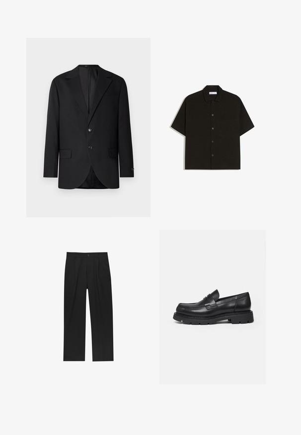 Blazer noir avec un col cranté, fermeture à deux boutons, deux poches avant et une poche poitrine. Tissu lisse et coupe ajustée.; Chemise noire à manches courtes en tissu doux, avec un boutonnière à l'avant, un col et une poche poitrine unique. Design simple et épuré.; Pantalons noirs au design droit, fabriqués à partir d'un tissu lisse. Dotés de plis sur le devant et d'une fermeture à un bouton à la taille.; Mocassin en cuir noir avec semelle épaisse crantée et détail de bride penny, présenté en profil droit sur fond blanc.
