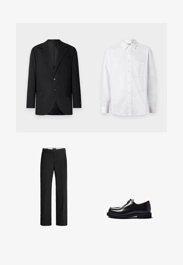 Blazer negro con solapa de muesca, cierre de doble botón, dos bolsillos frontales y un bolsillo en el pecho. Tela suave y corte entallado.; Camisa blanca de manga larga con botones, cuello y bolsillo en el pecho, exhibida sobre un fondo claro y liso.; Pantalones negros con corte ajustado; cuentan con un frente plano, dos bolsillos laterales y una textura suave; fabricados con un material ligero y transpirable.; Zapato de cuero negro con puntera redonda, diseño con cordones, detalles de costura y suela de goma texturizada. Superficie lisa con un acabado brillante.