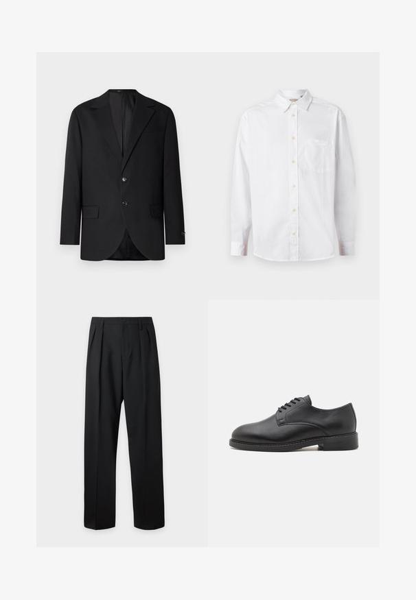 Blazer noir avec un col cranté, fermeture à deux boutons, deux poches avant et une poche poitrine. Tissu lisse et coupe ajustée.; Chemise blanche à manches longues avec un col et une poche poitrine, présentée sur un fond clair.; Pantalon noir taille haute, sur-mesure, avec passants pour ceinture, plis sur le devant, fermeture par bouton et jambes droites larges sur fond clair.; Chaussure oxford en cuir noir avec un bout rond, présentant une finition lisse, un laçage à cinq œillets et un petit talon empilé.