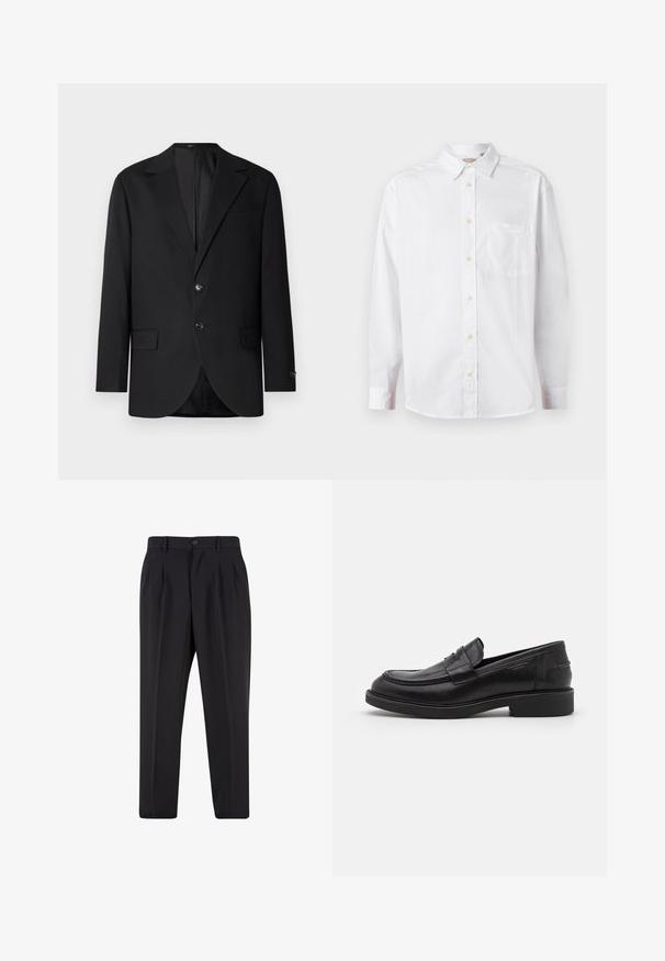 Schwarzer Blazer mit Reverskragen, Doppelknopfverschluss, zwei vorderen Taschen und einer Brusttasche. Glattes Material und taillierte Passform.; Weißes Langarmhemd mit Knopfleiste, Kragen und Brusttasche, auf einem schlichten hellen Hintergrund präsentiert.; Schwarze, maßgeschneiderte Hose mit vorderen Bundfalten, Gürtelschlaufen und Knopfverschluss an der Taille.; Schwarze Lederloafer mit abgerundetem Zeh, farblich abgestimmtem Nähen und einem Riemendetail an der Vorderseite. Gummi-Sohle mit niedrigem Absatz.