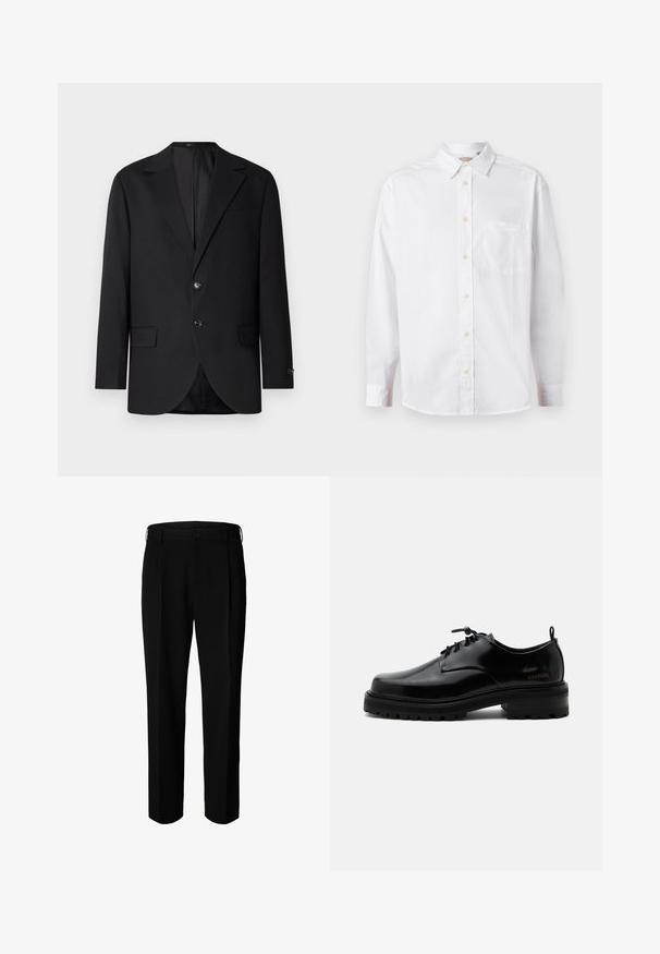 Schwarzer Blazer mit Reverskragen, Doppelknopfverschluss, zwei vorderen Taschen und einer Brusttasche. Glattes Material und taillierte Passform.; Weißes Langarmhemd mit Knopfleiste, Kragen und Brusttasche, auf einem schlichten hellen Hintergrund präsentiert.; Schwarze formelle Hose mit Gürtelschlaufen, Frontknopf und Reißverschluss, vor weißem Hintergrund dargestellt.; Schwarzer polierter Lederschnürschuh mit dicker Gummisohle und niedrigem Absatz, seitlichem Marken-Schriftzug "SAMSOE" und hinterer Zuglasche.