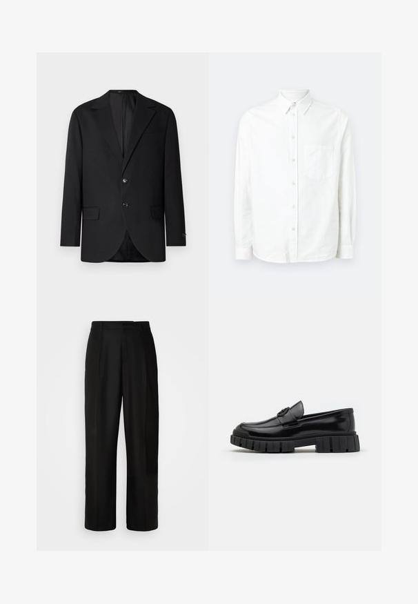Blazer negro con solapa de muesca, cierre de doble botón, dos bolsillos frontales y un bolsillo en el pecho. Tela suave y corte entallado.; Camisa blanca de manga larga y botones, hecha de una tela ligera. Presenta un bolsillo frontal, cuello clásico y una textura sutil.; Pantalones negros con corte recto, textura suave, pliegues frontales y cintura estándar. Diseño minimalista sin patrones adicionales.; Mocasines de cuero negro con suelas de goma gruesas y estriadas. Presentan una puntera redondeada y una correa decorativa con un acento de logo. Textura lisa.