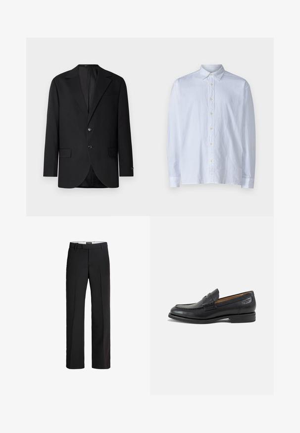 Zwarte blazer met een notch lapel, dubbele knoopsluiting, twee voorzakken en een enkele borstzak. Gladde stof en een getailleerde pasvorm.; Witte button-up shirt van lichtgewicht stof, met een puntige kraag, lange mouwen en een rij gele knopen aan de voorkant.; Zwarte broek met een verfijnde pasvorm; heeft een platte voorkant, twee zijzakken en een gladde textuur; gemaakt van een lichtgewicht, ademend materiaal.; Zwarte leren herenloafer met gestikte details, lage gestapelde hak en een smalle band over de bovenzijde, zijaanzicht op een witte achtergrond.
