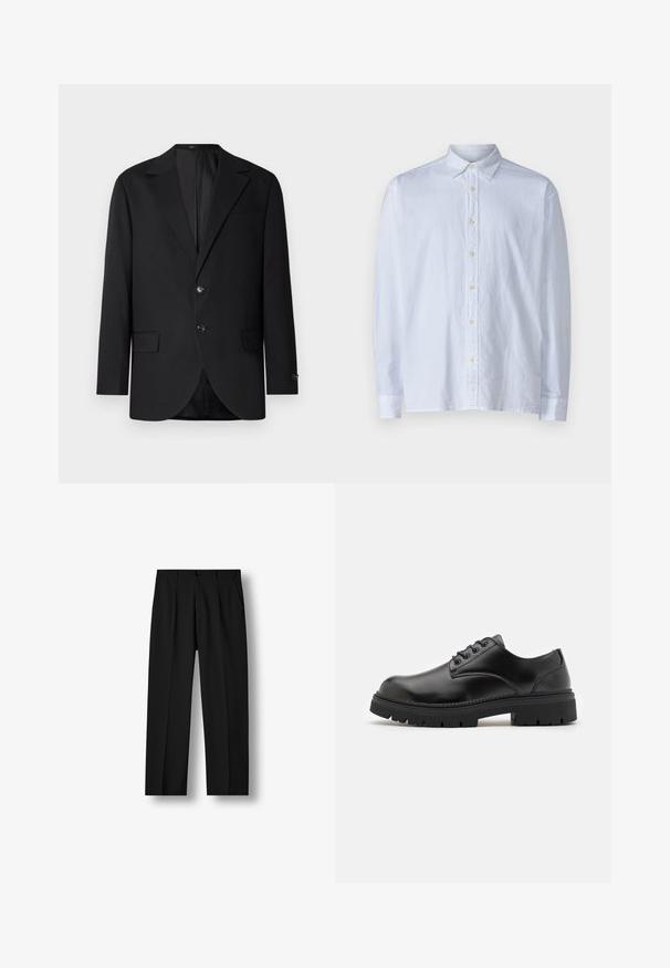 Blazer noir avec un col cranté, fermeture à deux boutons, deux poches avant et une poche poitrine. Tissu lisse et coupe ajustée.; Chemise blanche à boutons en tissu léger, avec un col pointu, des manches longues et une rangée de boutons jaunes sur le devant.; Pantalon noir droit avec plis devant, taille boutonnée et poches latérales sur un fond blanc uni.; Chaussures en cuir noir avec un bout rond, un laçage et une semelle en caoutchouc épaisse et texturée. Présente des coutures le long du bord et une finition lisse.