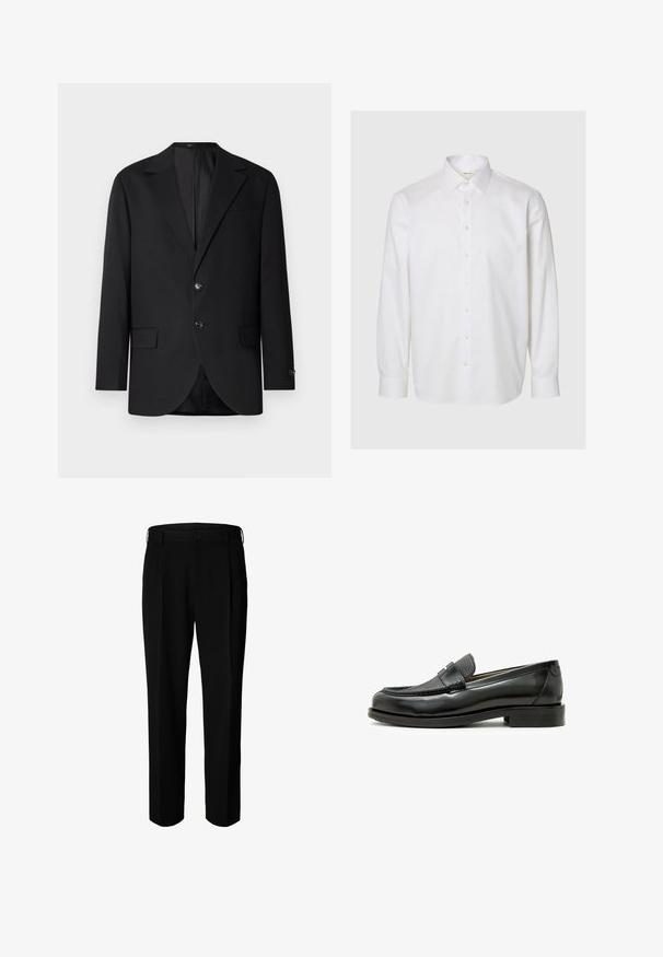 Sort blazer med en notch lapel, dobbel knaplukning, to frontlommer og en enkelt brystlomme. Glat stof og skræddersyet pasform.; Hvid langærmet skjorte lavet af bomuld, med klassisk krave, knapper foran og knapper ved manchetterne. Glat tekstur uden synlige mønstre.; Sorte formelle bukser med bæltestropper, knap foran og lynlås, vist mod hvid baggrund.; Sort læder loafers med en struktureret sort læderdetalje, rund tå og en lav blokhæl; har en dekorativ metal detalje.