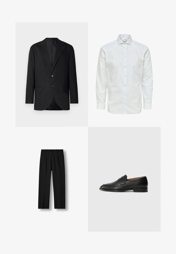 Schwarzer Blazer mit Reverskragen, Doppelknopfverschluss, zwei vorderen Taschen und einer Brusttasche. Glattes Material und taillierte Passform.; Weißes Hemd mit langen Ärmeln, durchgeknöpft vorne und spitzem Kragen, vor weißem Hintergrund dargestellt.; Schwarze gerade geschnittene Hose mit vorderen Falten, knöpfbarem Bund und Seitentaschen vor einem weißen Hintergrund.; Schwarze Leder-Slipper mit runder Zehenform, dezenten gestickten Details und niedrigem Absatz, ausgestattet mit glatter Textur und minimalistischem Design.