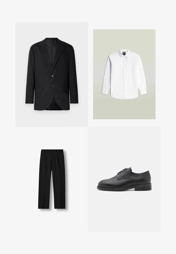 Schwarzer Blazer mit Reverskragen, Doppelknopfverschluss, zwei vorderen Taschen und einer Brusttasche. Glattes Material und taillierte Passform.; Weißes, langärmliges Hemd mit Knopfleiste und Kragen, reguläre Passform und dezentes Logo auf der linken Brust, flach auf einem neutralen Hintergrund liegend.; Schwarze gerade geschnittene Hose mit vorderen Falten, knöpfbarem Bund und Seitentaschen vor einem weißen Hintergrund.; Schwarze Leder-Oxfordschuhe mit runder Zehenform, glatter Oberfläche, fünf Ösen für die Schnürung und niedrigem, gestapeltem Absatz.
