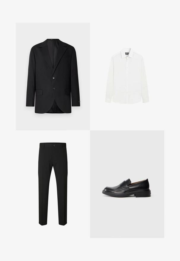 Schwarzer Blazer mit Reverskragen, Doppelknopfverschluss, zwei vorderen Taschen und einer Brusttasche. Glattes Material und taillierte Passform.; Langarmiges weißes Herrenhemd mit durchgehender Knopfleiste und klassischem Kragen, dargestellt vor weißem Hintergrund.; Schwarze Slim-Fit-Hose mit Knopf- und Reißverschluss, Gürtelschlaufen und geraden Beinen auf weißem Hintergrund.; Schwarze Leder-Pantoletten mit niedrigem Absatz und dezentem Calvin Klein-Logo an der Seite, im Profil vor einem weißen Hintergrund dargestellt.