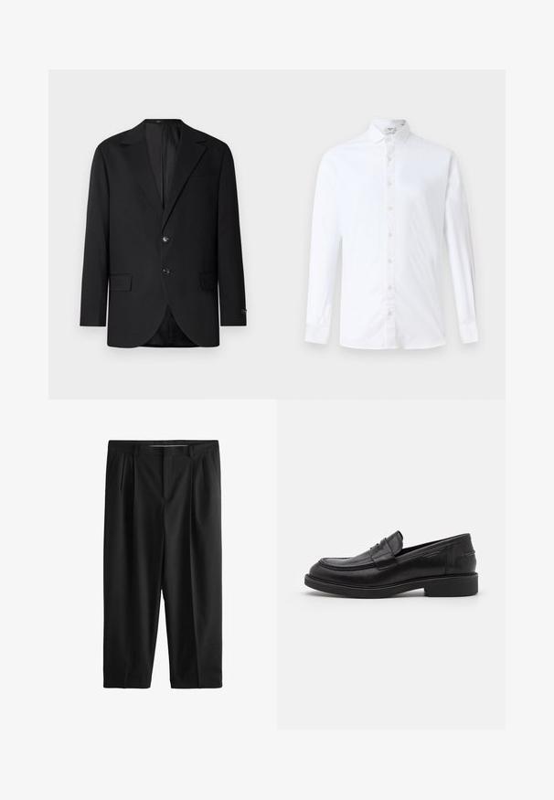 Schwarzer Blazer mit Reverskragen, Doppelknopfverschluss, zwei vorderen Taschen und einer Brusttasche. Glattes Material und taillierte Passform.; Weißes Langarm-Hemd mit Knöpfen aus Baumwolle, klassischem Kragen, geradem Schnitt und glatter Textur mit passenden Knöpfen.; Schwarze, maßgeschneiderte Hose mit vorderen Falten, Seitentaschen, Gürtelschlaufen und geradem Bein auf weißem Hintergrund.; Schwarze Lederloafer mit abgerundetem Zeh, farblich abgestimmtem Nähen und einem Riemendetail an der Vorderseite. Gummi-Sohle mit niedrigem Absatz.