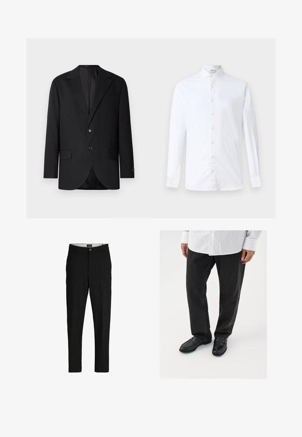 Blazer negro con solapa de muesca, cierre de doble botón, dos bolsillos frontales y un bolsillo en el pecho. Tela suave y corte entallado.; Camisa de botonadura larga blanca de algodón, con cuello clásico, corte recto y una textura suave con botones a juego.; Pantalones negros de tela suave, con un diseño ajustado, piernas rectas, dos bolsillos frontales y cierre de un solo botón.; Pantalones de mezclilla negros combinados con mocasines negros brillantes. La camisa es blanca con finas rayas verticales, de mangas largas y con cuello abotonado.