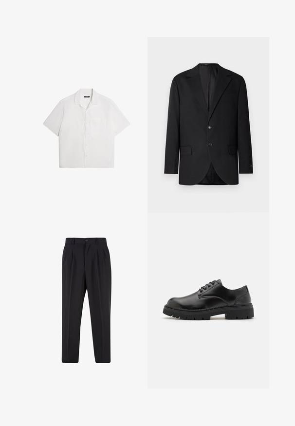 Sort blazer med en notch lapel, dobbel knaplukning, to frontlommer og en enkelt brystlomme. Glat stof og skræddersyet pasform.; Kortærmet hvid skjorte, blød tekstur, knapfront, spredt krave, enkelt brystlomme, afslappet boksdesign. Ensfarvet uden mønstre.; Sorte skræddersyede bukser med forreste læg, bæltestropper og knaplukning i taljen.; Sorte lædersko med rund tå, snørelukning og en tykk, struktureret gummisål. Har syninger langs kanten og en glat overflade.