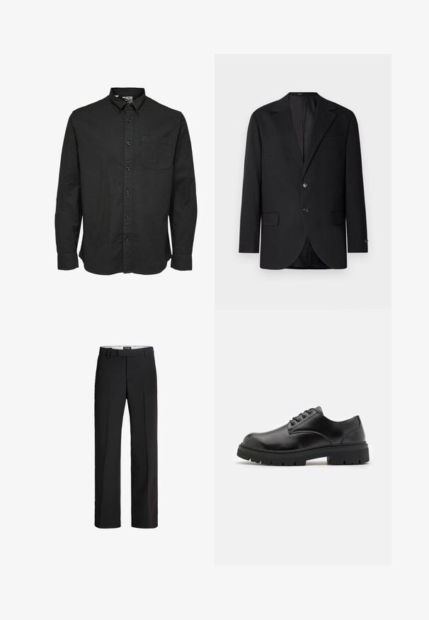 Sort blazer med en notch lapel, dobbel knaplukning, to frontlommer og en enkelt brystlomme. Glat stof og skræddersyet pasform.; Sort langærmet skjorte med knapper i bomuldsstof, med standard krave, brystlomme og matchende sorte knapper.; Sorte bukser med skræddersyet pasform; har en glat front, to sidelommer og en glat tekstur; lavet af et let, åndbart materiale.; Sorte lædersko med rund tå, snørelukning og en tykk, struktureret gummisål. Har syninger langs kanten og en glat overflade.