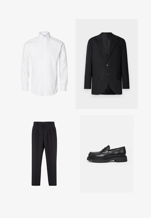 Zwarte blazer met een notch lapel, dubbele knoopsluiting, twee voorzakken en een enkele borstzak. Gladde stof en een getailleerde pasvorm.; Wit overhemd met lange mouwen, een puntige kraag, zichtbare knopen vooraan en knoopmanchetten.; Zwarte op maat gemaakte broek met voorplooien, riemlussen en een knoopsluiting in de taille.; Zwarte leren loafer met dikke geribbelde zool en pennyriemdetail, getoond in rechter zijprofiel op witte achtergrond.