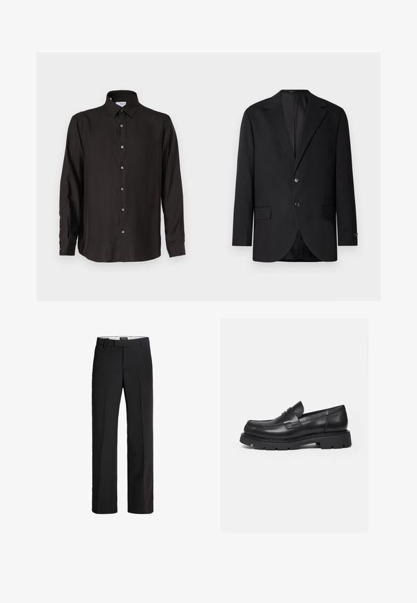 Blazer negro con solapa de muesca, cierre de doble botón, dos bolsillos frontales y un bolsillo en el pecho. Tela suave y corte entallado.; Camisa negra de manga larga hecha de una tela suave, con un cierre frontal de botones, collar puntiagudo y dobladillo redondeado con botones en contraste.; Pantalones negros con corte ajustado; cuentan con un frente plano, dos bolsillos laterales y una textura suave; fabricados con un material ligero y transpirable.; Mocasín negro de cuero con suela gruesa y acanalada y detalle de tira para moneda, mostrado en perfil lateral derecho sobre fondo blanco.